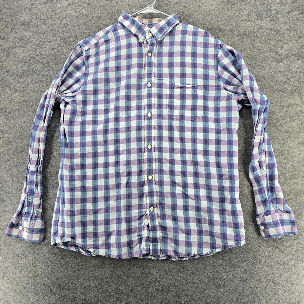 Banana Republic Shirt Mens XL 17-17.5 Button Down Purple Plaid Linen Blend